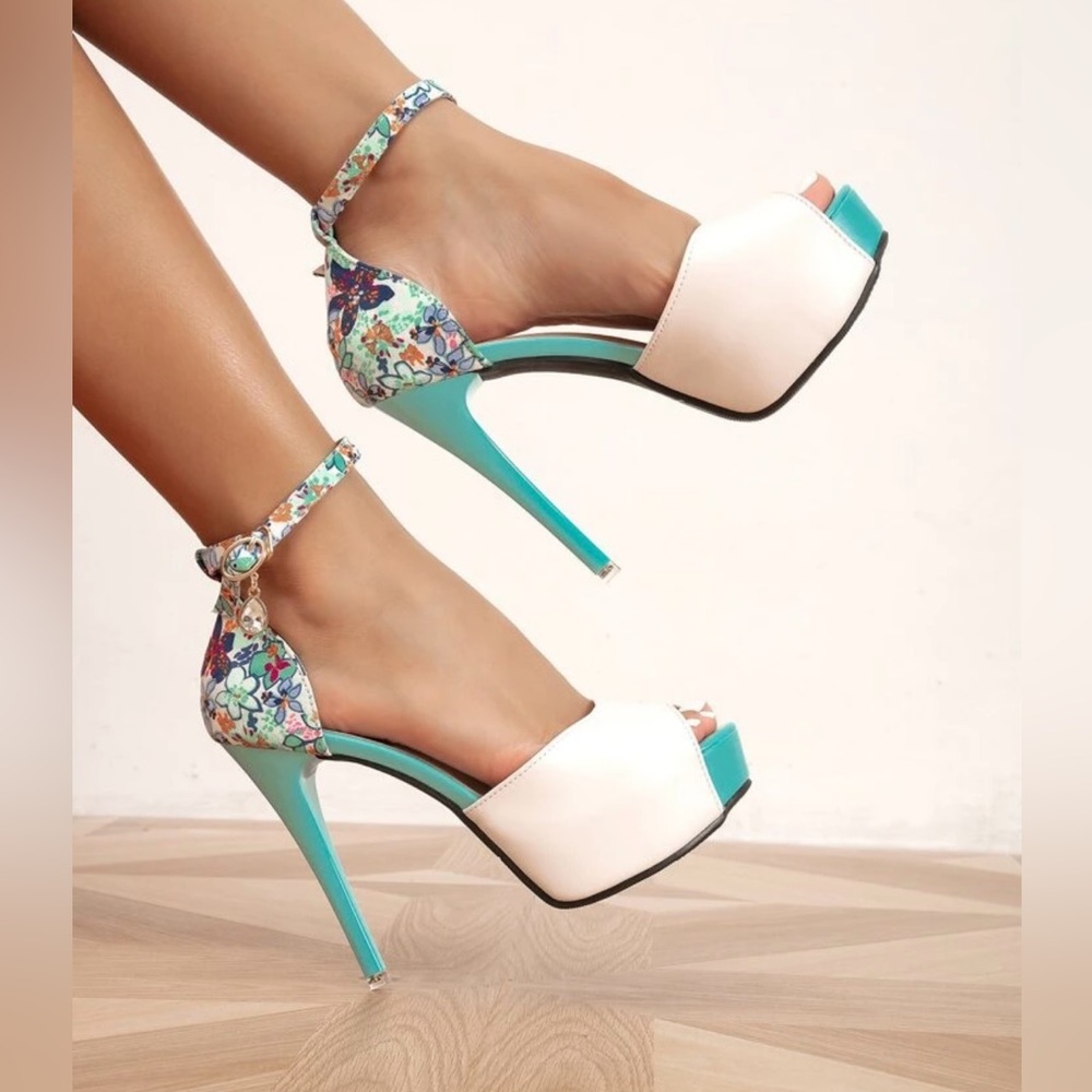 Floral Graphic Ankle Strap Pumps